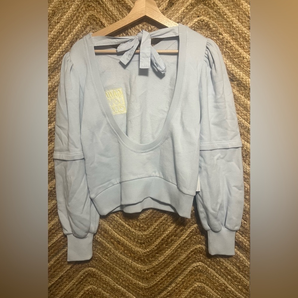 Ganni Isoli Puff-Sleeve Love Club Sweatshirt,Open Back,Blue,Size XS - Picture 4 of 11